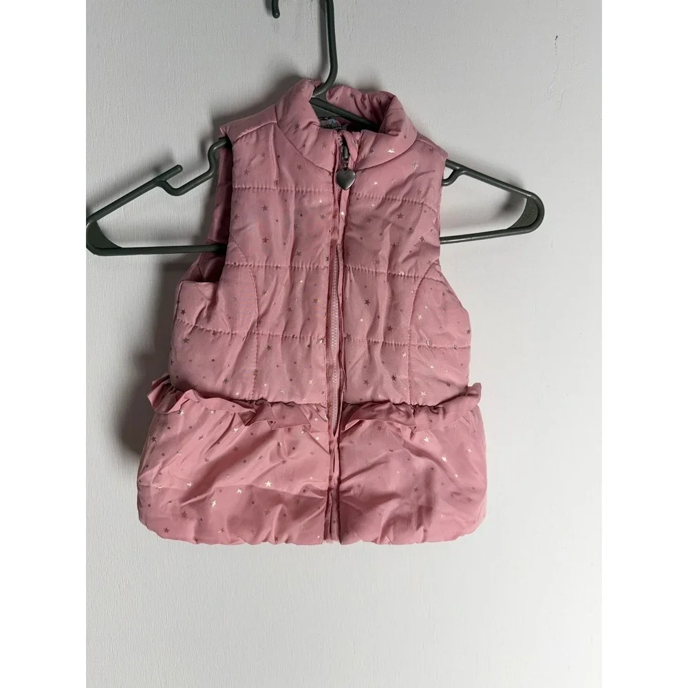 Kids Headquarters Pink Gold Star Puffer Vest Peplum Ruffle Heart Zip 24M